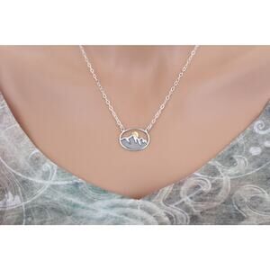 Sterling Silver Oval Mountain Pendant with Bronze Sun Necklace